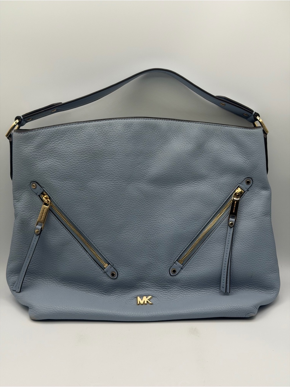 Michael Kors Pebbled Leather Large Hobo Shoulder Bag Light Blue Gold Zip Pocket